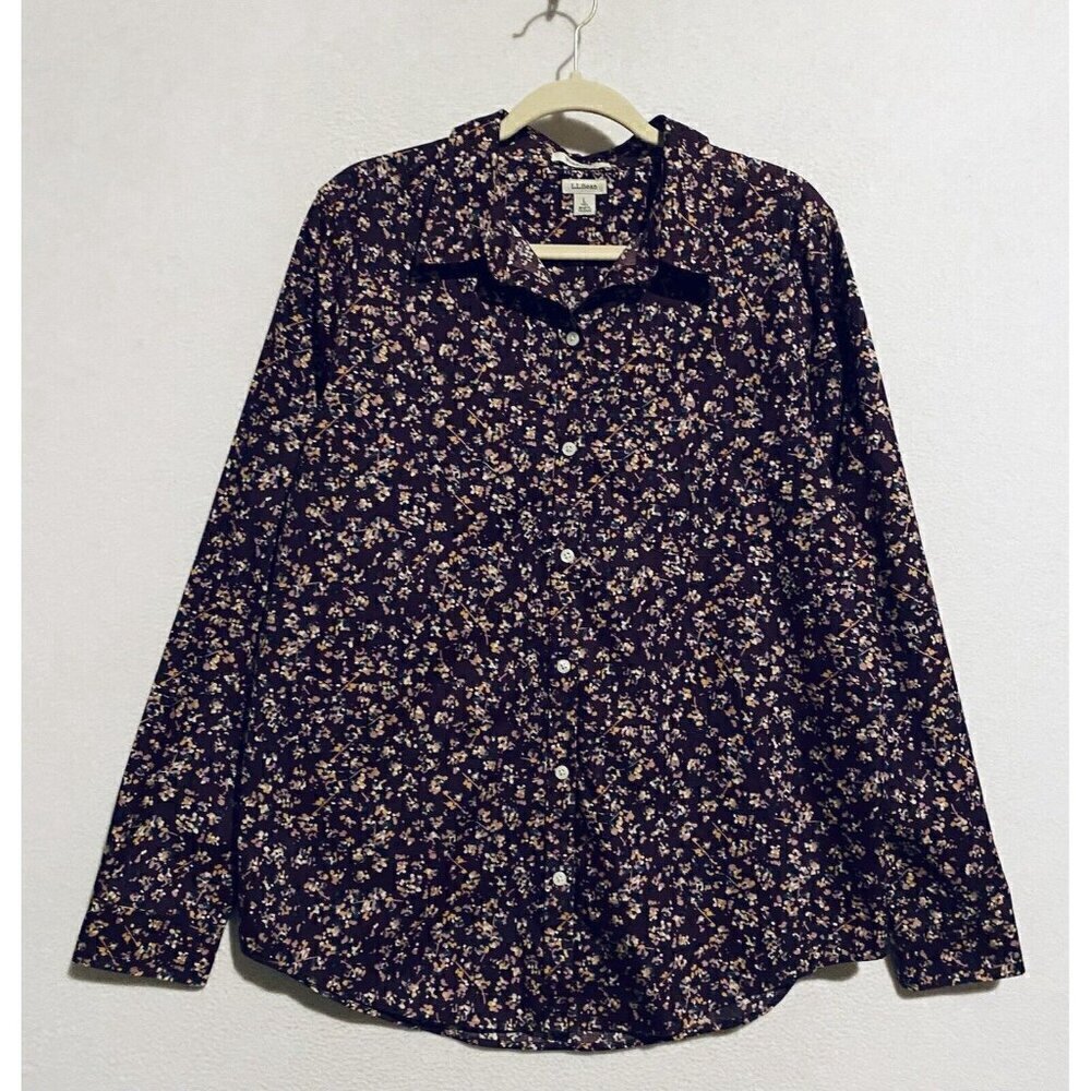 LL Bean Top Womens Large Tall Burgundy Ditsy Floral Wrinkle Free Pinpoint Oxford